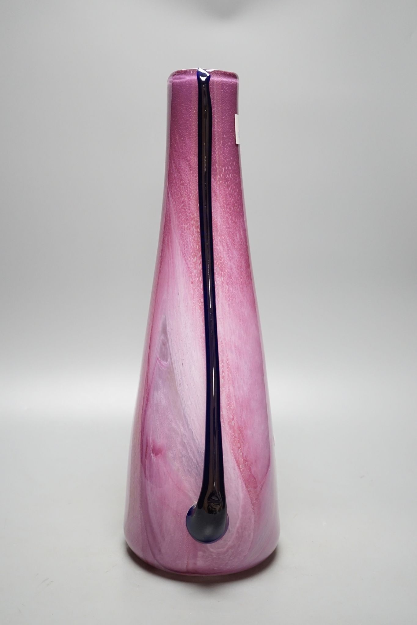 Elizabeth Graydon-Stannus, an unusual mottled pink and purple glass vase, circa 1930, of flattened pear form with applied blue lug handles, etched 'Gray-Stan' to base, 44cm high